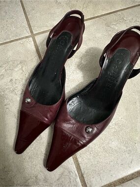 CHANEL Burgundy Pointed Slingback Heels